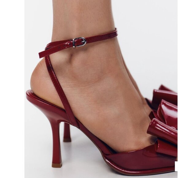 Zara Patent Leather Effect Bow Heel Sandal NWT Strawberry Red Size 37/ 6.5 - Picture 6 of 10